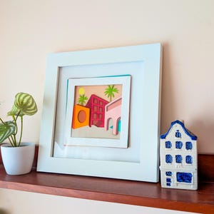 Décoration murale minimaliste d'architecture bohème au Mexique | Créations 3D en couches découpées dans du papier | Cadeau unique fait main pour les amoureux des voyages | Boîte d'ombre sur le thème de la ville