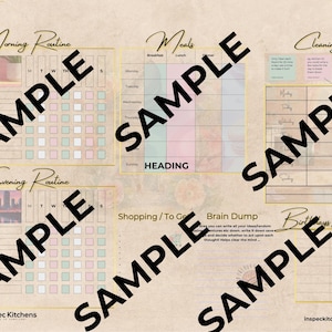 Può includere: Un planner beige con dettagli dorati, con sezioni per le routine quotidiane, i pasti, le pulizie, lo shopping e altro. Il planner include il testo "Morning Routine", "Meals", "Cleaning", "Evening Routine", "Shopping/To Go", "Brain Dump" e "Birthdays/celebrations."