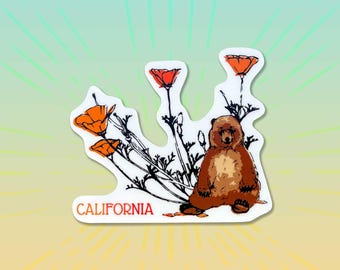 California Bear & Poppy Sticker: Eco-Friendly State Flower Decal