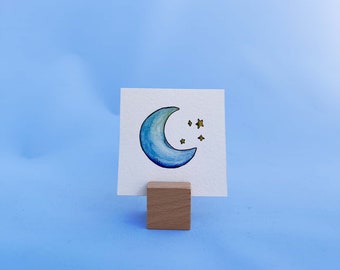 Celestial Crescent Moon painting, Original mini painting, Miniature watercolor, Celestial watercolor, Watercolor moon, 3x3 mini card