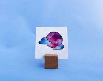 Celestial Full Moon painting, Original mini painting, Miniature watercolor, Celestial watercolor, Pink moon painting, 3x3 mini card,