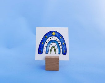 Rainbow painting, Original mini watercolor painting, Miniature watercolor, Kids room, Moon phase art, Watercolor rainbow, 3x3 mini card