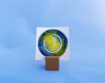 Celestial Sun painting, Original mini watercolor painting, Miniature watercolor, Celestial watercolor, Watercolor rainbow, 3x3 mini card