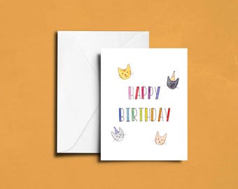 Watercolor Cats Birthday Card: Party Hats, Cat Breeds