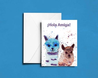 Best Friends Card, Love llama alpaca, Friendship llama lover card, Bestie card, Animal friends, Watercolor llama, hola amiga, hola amigo