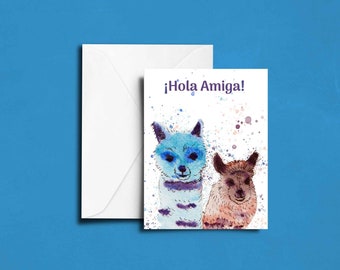 Watercolor Llama Friends Card, Hola Amiga