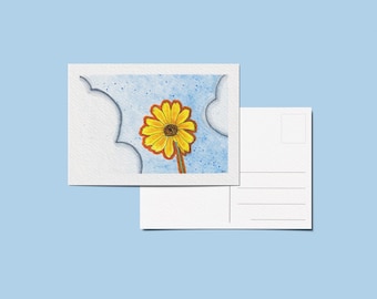 Original watercolor daisy painting, Hand painted card, Feel the Air, Wildflower postcard, Watercolor clouds, 4x6, Our Planet Week