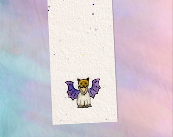 Bat Cat Bookmark, Original Watercolor Painting, Halloween Gift