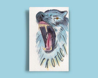 Original Watercolor Wolf Painting, 4x6 Postcard, "Protect" Art, Minimalist Nature Painting