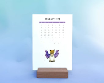 Cat desk calendar 2024, Costume cat art, Colorful cat calendar, Calendar with Wood Stand, Cat mini print, Watercolor cat calendar, Kitty art