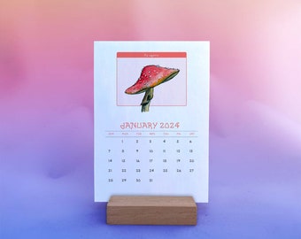 Mushroom calendar, Desk calendar 2024,  Vertical desk calendar, Wood Desk calendar, Calendar wood stand, Mushroom lover Gift, 5x7 calendar