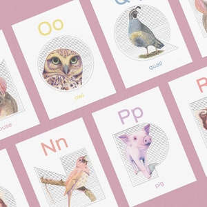 Flashcard animali ABC, stampa animale 4x6, segno della stanza dei giochi alfabeto, arte dell'alfabeto appeso, carte animali ABC, regalo Baby shower, carta alfabeto 5x7