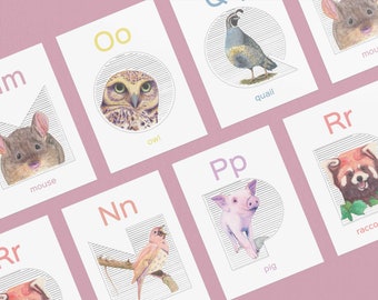 May include: A set of alphabet flash cards featuring colourful letters and illustrations of animals. Each card has a letter, an animal illustration, and the animal's name written below. The letters are in a playful font and the animals are drawn in a whimsical style.