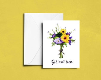 Get well soon card, Flower bouquet card, Watercolor flowers card, Watercolor flower mix card, Sunflower card, Hydrangea floral botanical