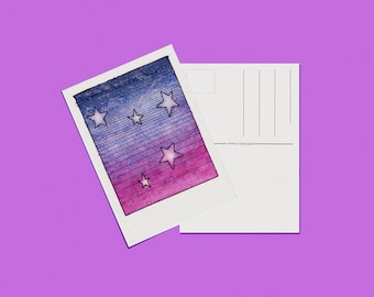 Original watercolor starry night painting, Hand painted celestial postcard, Among the Stars, Polaroid art, Watercolor galaxy artwork, 4x6