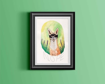 May include: A watercolour painting of a fox wearing a black mask in a green field with the word "NOPE" written below it.