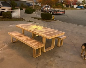 Modern West Elm inspired outdoor patio solid hardwood table and benches