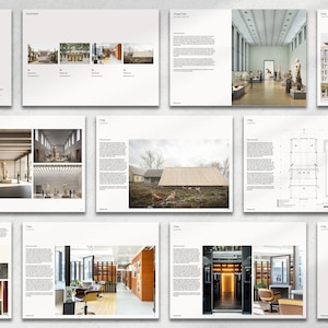 May include: A multi-page architectural portfolio layout featuring various project documentation, including interior and exterior building renderings, floor plans, site photographs, and color palette swatches presented on a clean white background.