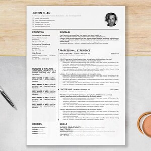 May include: A black and white resume with the name Justin Chan at the top. The resume lists education, professional experience, honors and awards, hobbies, and skills.