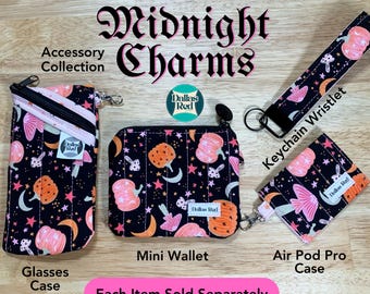 Pink Halloween Pumpkins and Mushrooms Accessory Collection | Quilted mini wallet, Keychain wristlet, Glasses case, Air pods carrier