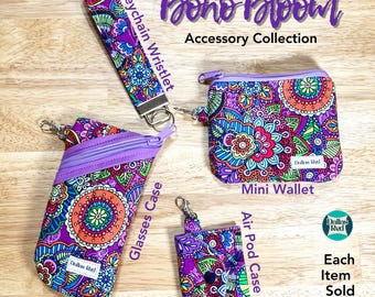 Purple Floral Quilted Accessory Set | Boho Bloom Collection | Mini wallet, Keychain wristlet, Glasses case, Airpods case