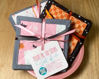 Handmade Coaster Set of 4 – Pink Halloween Décor – Washable, Reversible Coffee Coasters - Insulated Heat Resistant – Unique Hostess Gift