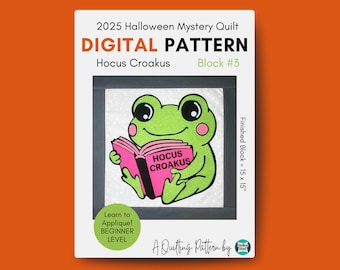 DIGITAL Bookish Quilt Block Pattern, Halloween Children's Room Decor Wall Hanging, Funny Frog Quilty Casserole Hot Pad