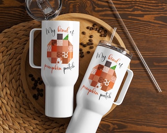 40 oz Tumbler with Handle, Lid & Straw – Cute Fall Quilter Travel Mug – Autumn Quilt Lover Gift – Insulated Cup with Image on Both Sides
