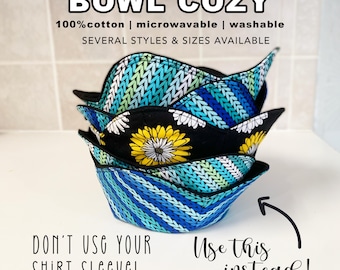 Microwave Bowl Cozy | 100% Cotton Bowl Holder for Hot Soup | Washable 6” Bowl Cozies | Reusable Handmade Homeware