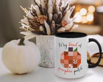 Cute Fall Coffee Mug in 11 or 15 oz, Large Double-Sided Autumn Tea Cup, Cozy Pumpkin Patch Work Holiday Gift for Quilters & Quilt Lovers