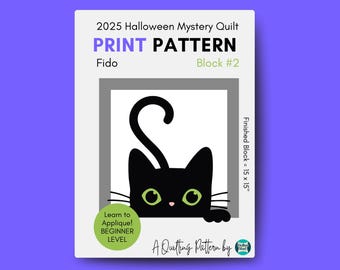 PRINT Cat Quilt Block Pattern, Halloween 15 x 15 Wall Hanging, Fall Housewarming Hostess Gift for Quilter, Casserole Hot Pad