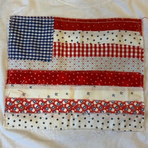 Può includere: Una maglietta bianca con un disegno della bandiera americana cucito. La bandiera presenta un quadrato blu a quadretti nell'angolo in alto a sinistra e strisce rosse e bianche alternate. Le strisce sono realizzate con vari tessuti fantasia, tra cui stelle e cuori.
