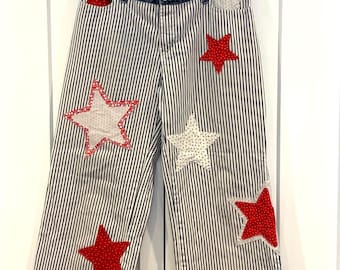 Hand-Stitched Star Appliqué Striped Jeans – Boho Upcycled Denim Statement Pants