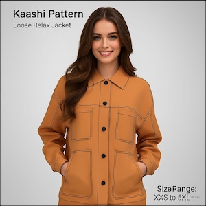 May include: A mustard-colored loose-fit jacket with black stitching and large front pockets. The jacket has a button-up front and a collared neckline. The text "Kaashi Pattern Loose Relax Jacket" is at the top. The size range is XXS to 5XL.