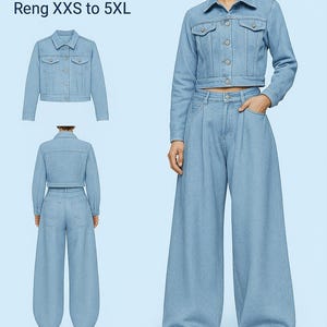Puede incluir: Conjunto de chaqueta y pantalón plisado de mezclilla azul claro. La imagen muestra a una modelo luciendo el conjunto, junto con dos vistas adicionales de la chaqueta y el pantalón. El texto de la imagen dice "Kaashi Pattern" y "Reng XXS to 5XL". La parte inferior de la imagen dice "WOMEN'S PLEATED DENIM SET".