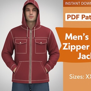 Op de afbeelding: Bordeauxkleurige hoodie met ritssluiting en witte stikseldetails, een ritssluiting aan de voorkant en twee voorzakken. De afbeelding bevat de tekst "PDF Pattern" en "Men's Fitted Zipper Hoodie Jacket". Beschikbare maten: XXS-5XL.