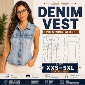 Op de afbeelding: Een PDF-naaipatroon voor een spijkergilet genaamd Kaashi Pattern. De afbeelding toont een afgewerkt gilet met kraag, knoopsluiting en twee borstzakken, naast technische lijntekeningen van de voor- en achterkant en de maten XXS-5XL.