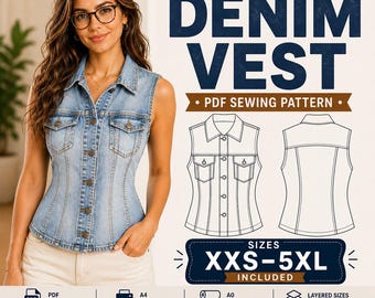 Fitted Denim Vest Sewing Pattern (XXS-5XL) – Tailored Sleeveless VEST Digital PDF, , Instant Download