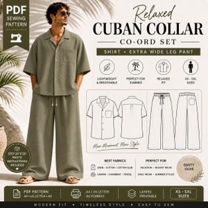 May include: A dusty olive green Cuban collar co-ord set, including a shirt and extra wide leg trousers. The image features a person wearing the outfit, with a PDF sewing pattern graphic and text that reads "Relaxed Cuban Collar Co-ord Set".