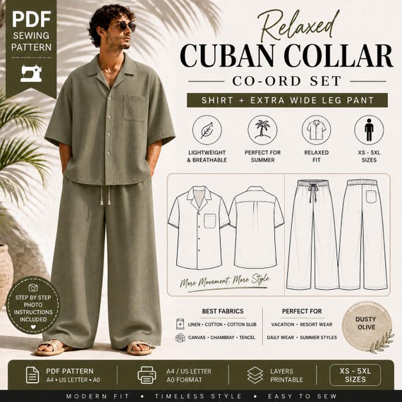 Men's Cuban Collar Co-ord Sewing Pattern | Oversized Shirt, Wide Leg Pants (PDF Download)