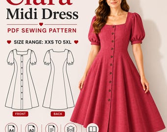 Clara Midi Dress PDF Sewing Pattern | Square Neck Puff Sleeve, Princess Seams (XXS-5XL)