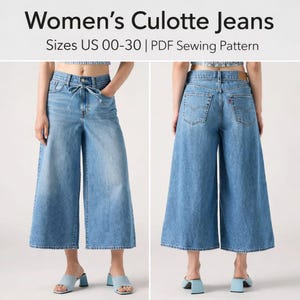 May include: Light blue culotte jeans with a wide leg design. The jeans have a drawstring waist and pockets. The image includes the text "Women's Culotte Jeans Sizes US 00-30 | PDF Sewing Pattern".