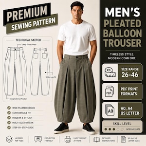 Puede incluir: Un patrón de costura de pantalón globo plisado verde oliva. La imagen muestra a un hombre con el pantalón de pernera ancha. El patrón incluye un boceto técnico, tallas 66-117 cm y se describe como moderno y elegante.