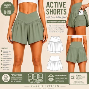 May include: Sage green active shorts PDF sewing pattern featuring a crossover high waistband, gathered loose outer layer, and fitted inner short with a side pocket. Includes technical line drawings, size range 0 to 20, and printing instructions.