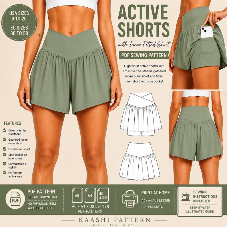 May include: Sage green active shorts PDF sewing pattern featuring a crossover high waistband, gathered loose outer layer, and fitted inner short with a side pocket. Includes technical line drawings, size range 0 to 20, and printing instructions.