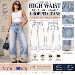 Op de afbeelding: Een naaipatroon voor een high waist straight baggy cropped jeans. De afbeelding toont technische lijntekeningen van de voor- en achterkant, gedetailleerde close-ups van zakken, een omslag van 15 cm en de tekst High Waist Straight Baggy Cropped Jeans.