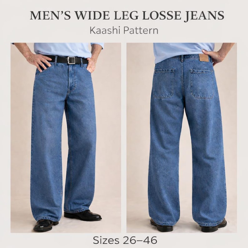 K&ouml;nnte beinhalten: Hellblaue Jeans mit weitem Bein und lockerer Passform. Die Jeans haben ein klassisches F&uuml;nf-Taschen-Design, einen schwarzen G&uuml;rtel sowie einen Knopf- und Rei&szlig;verschluss. Der Text "MEN'S WIDE LEG LOSSE JEANS" und "Kaashi Pattern" sind oben zu sehen. Gr&ouml;&szlig;en 26-46 unten.