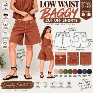 Può includere: Un cartamodello per pantaloncini larghi a vita bassa color ruggine. L'immagine mostra i pantaloncini indossati da un modello, disegni tecnici delle viste frontale e posteriore, e dettagli della vita, della tasca anteriore e posteriore.