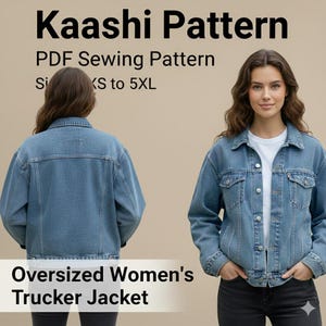 Puede incluir: Dos mujeres modelan chaquetas de camionero de mezclilla azul claro. El texto superior dice "Kaashi Pattern" y "PDF Sewing Pattern". El texto inferior dice "Oversized Women's Trucker Jacket" y "Tallas XS a 5XL."
