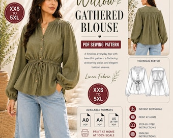 Willow Gathered Blouse PDF Sewing Pattern | Linen Top, Balloon Sleeve (XXS-5XL)